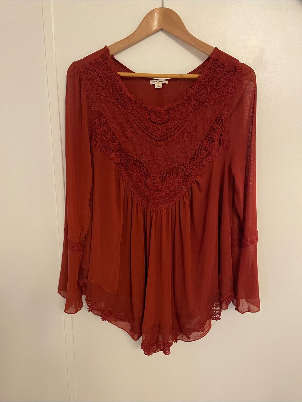 Ultra Pink Rust Boho Crochet Lace Yoke Long Bell Sleeve Tunic  Size L
